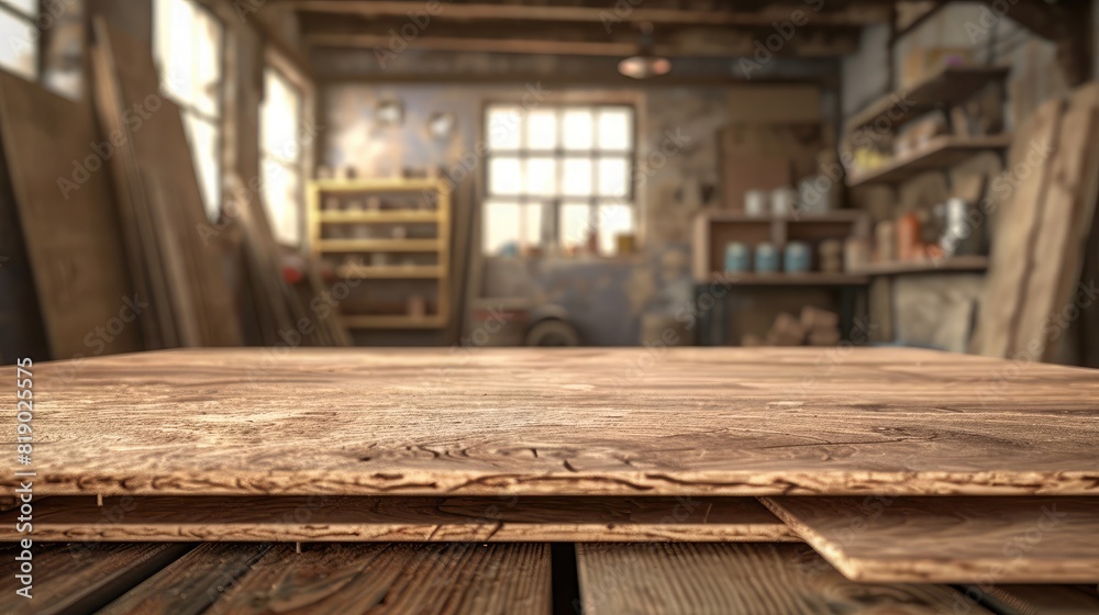 Fototapeta premium MDF particle board panels with a realistic wood texture, set against a workshop background