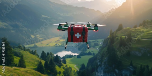  Closeup of a drone with a red first aid kit flying over a mountain landscape with green forest, small lake and valley at sunset or sunrise photo