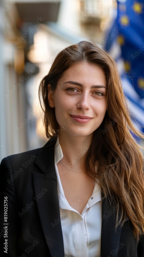 Naklejka premium Portrait of a woman in Europe, EU laws for equal rights and social inclusion of women. Portrait of a female voter for the European elections to the European Parliament. Freedom and democracy