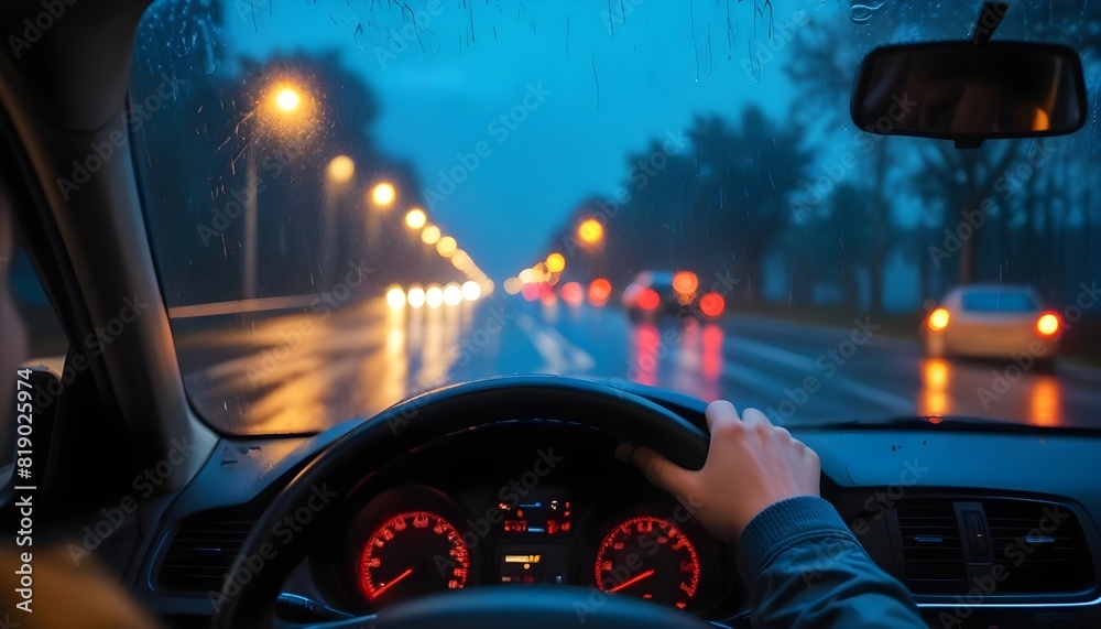 Person's hands on the steering wheel of a car, driving in rainy weather at night. 