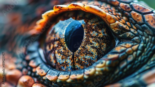  Close-up of a reptile eye, colorful pattern in the iris