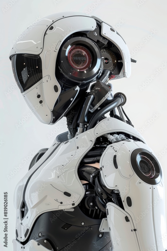 Robot policía. Androide futurista metalico color blanco con pantalla VR. Centinela. Asistente robotico con inteligencia artificial Robot policía. Androide futurista metalico color blanco con pantalla VR. Centinela. Asistente robotico con inteligencia artificial