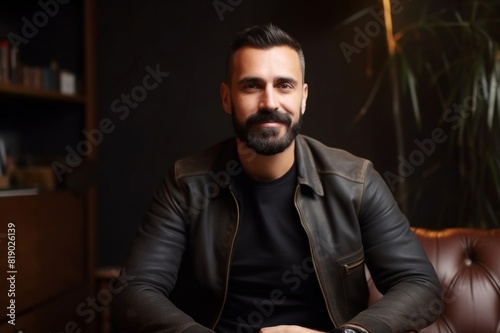 portrait of confident male entrepreneur sitting in creative office