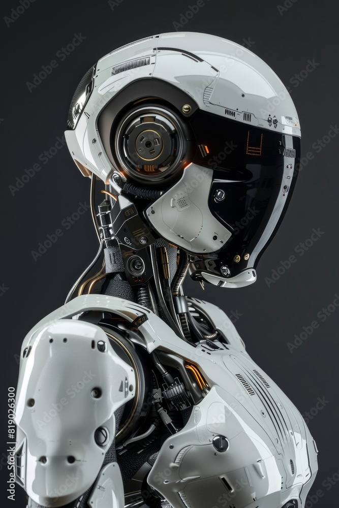 Robot policía. Androide futurista metalico color blanco con pantalla VR. Centinela. Asistente robotico con inteligencia artificial Robot policía. Androide futurista metalico color blanco con pantalla VR. Centinela. Asistente robotico con inteligencia artificial