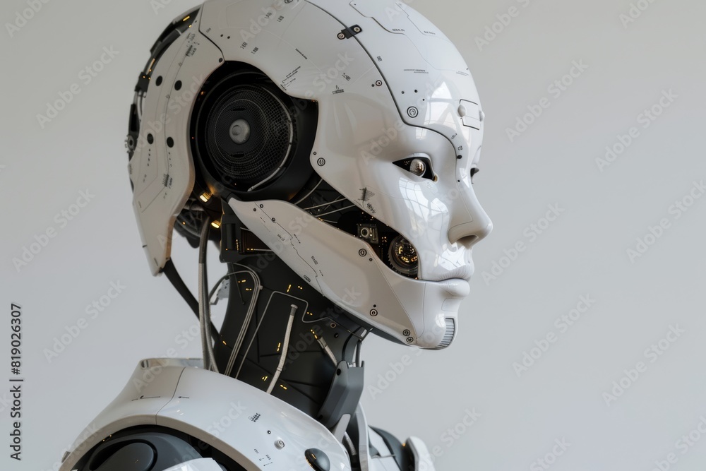 Robot futurista blanco con luces led. Asistente robotico de laboratorio. Inteligencia artificial con aspecto humanoide. Cyborg Robot futurista blanco con luces led. Asistente robotico de laboratorio. Inteligencia artificial con aspecto humanoide. Cyborg