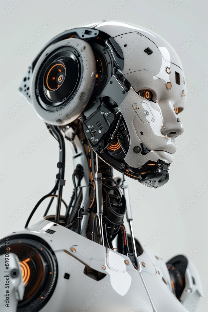 Robot futurista blanco con luces led. Asistente robotico de laboratorio. Inteligencia artificial con aspecto humanoide. Cyborg Robot futurista blanco con luces led. Asistente robotico de laboratorio. Inteligencia artificial con aspecto humanoide. Cyborg