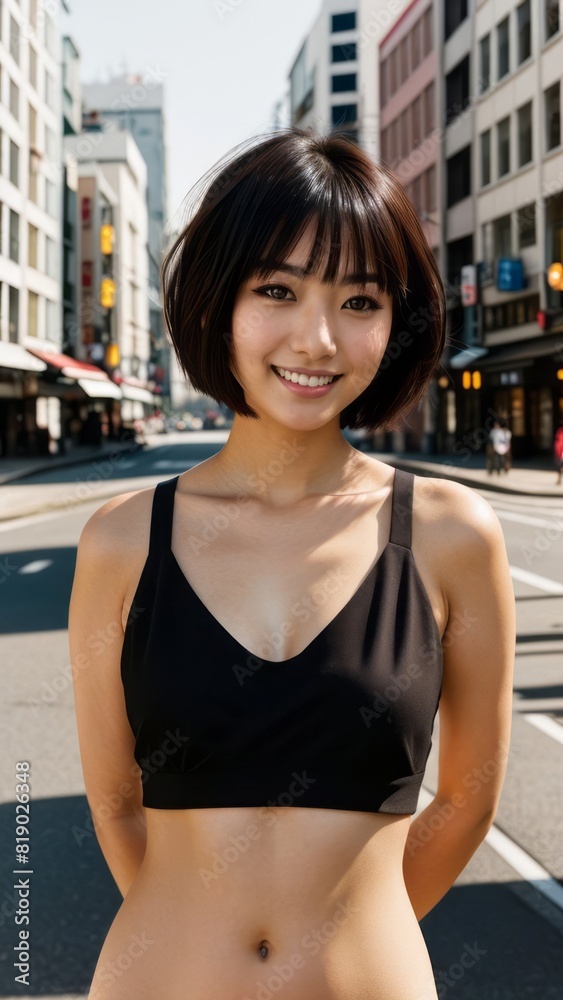 Fototapeta premium Photo Portrait of a Beautiful Asian Female in Top on a City Background