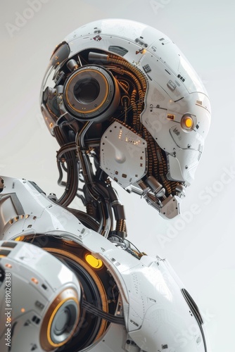 Androide futurista. Robot asistente personal con inteligencia artificial. Cíborg metalico. Exoesqueleto para viajes espaciales. Asistente Robot astronauta. Centinela