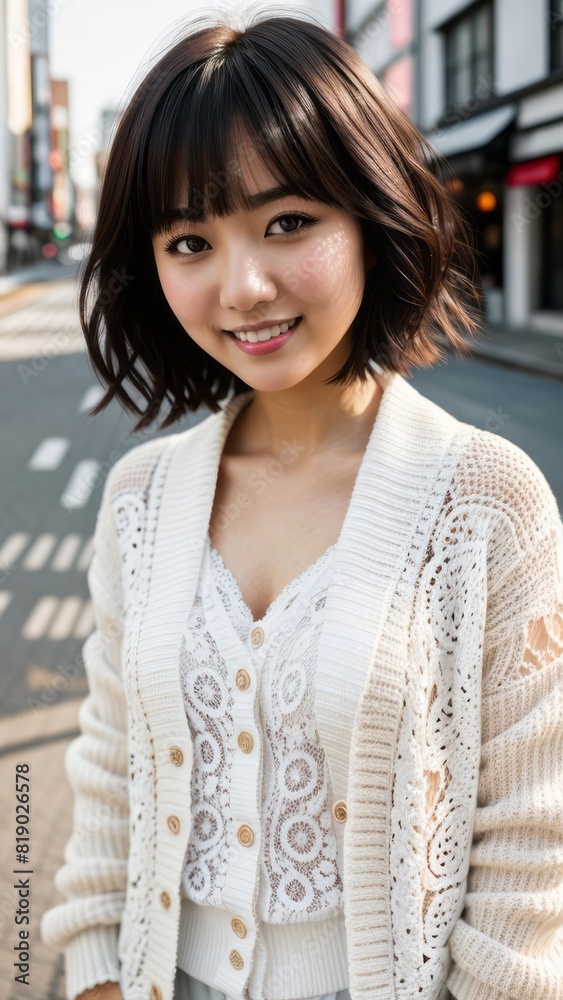 Photo Portrait of a Beautiful Asian Female in white lace cardigan on a City Background Photo Portrait of a Beautiful Asian Female in white lace cardigan on a City Background