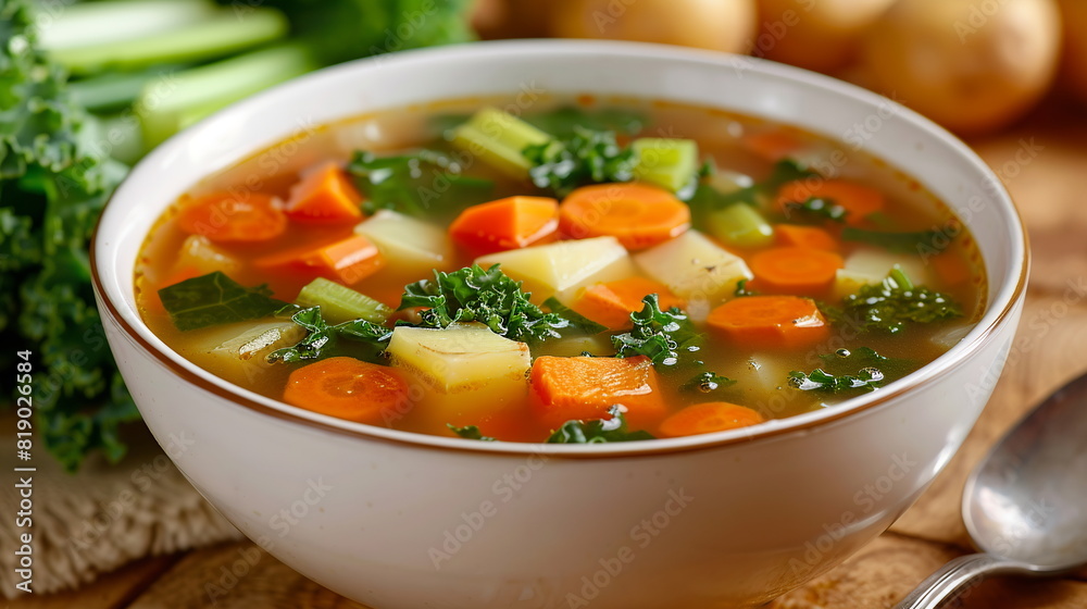Hearty vegetable soup with carrots, celery, potatoes, and kale in a white bowl. Hearty vegetable soup with carrots, celery, potatoes, and kale in a white bowl.