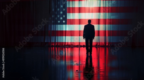 A man proudly standing in front of an American flag