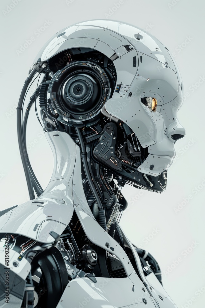 Androide futurista. Robot asistente personal con inteligencia artificial. Cíborg metalico. Exoesqueleto para viajes espaciales. Asistente Robot astronauta. Centinela