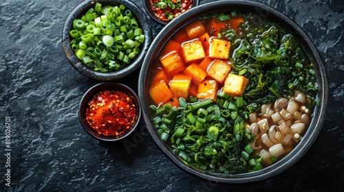 Spicy Miso Soup with Tofu and Seaweed - A vibrant miso soup with tofu, seaweed, and sesame seeds, accompanied by bowls of sliced chilies and green onions on a dark textured background. photo