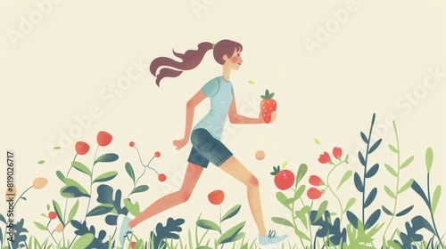 Health A minimalist character engaging in healthy habits like eating nutritious food and going for a run.
