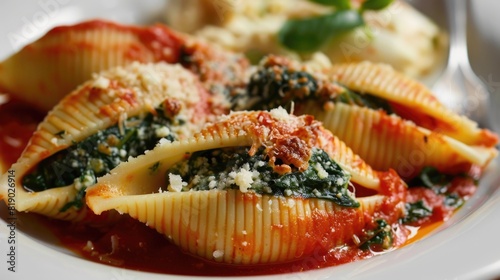  Closeup of a white plate with three spinach and ricotta stuffed shell pasta