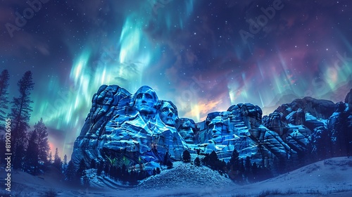 Combination of Mount Rushmore and the Northern Lights, merging natural and sculpted landmarks in one image photo