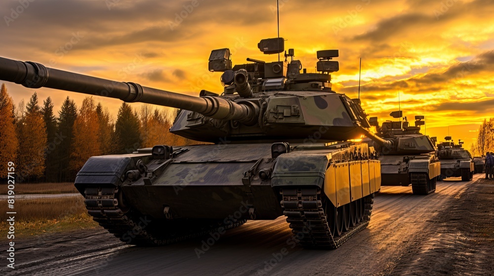 A column of tanks moves along a dirt road among greenery.
Concept: Military exercises, army equipment, preparation for battle, strategic movement. A column of tanks moves along a dirt road among greenery.
Concept: Military exercises, army equipment, preparation for battle, strategic movement.