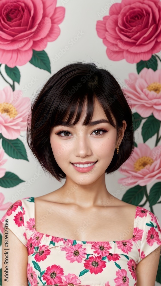 Photo Portrait of a Beautiful Asian Female in floral print top on a City Background Photo Portrait of a Beautiful Asian Female in floral print top on a City Background