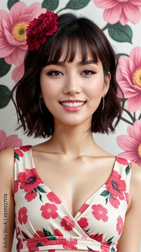 Photo Portrait of a Beautiful Asian Female in floral print top on a City Background Photo Portrait of a Beautiful Asian Female in floral print top on a City Background