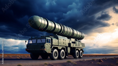 A military truck with a missile on board moving along a deserted road.
Concept: military themes, news and articles about army equipment, posters for films and video games. photo