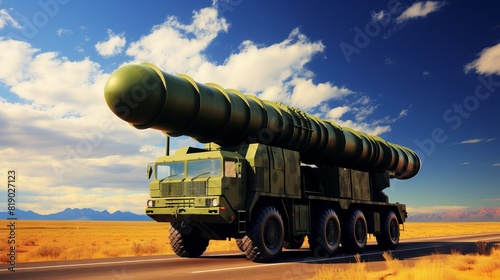 A military truck with a missile on board moving along a deserted road.
Concept: military themes, news and articles about army equipment, posters for films and video games. photo