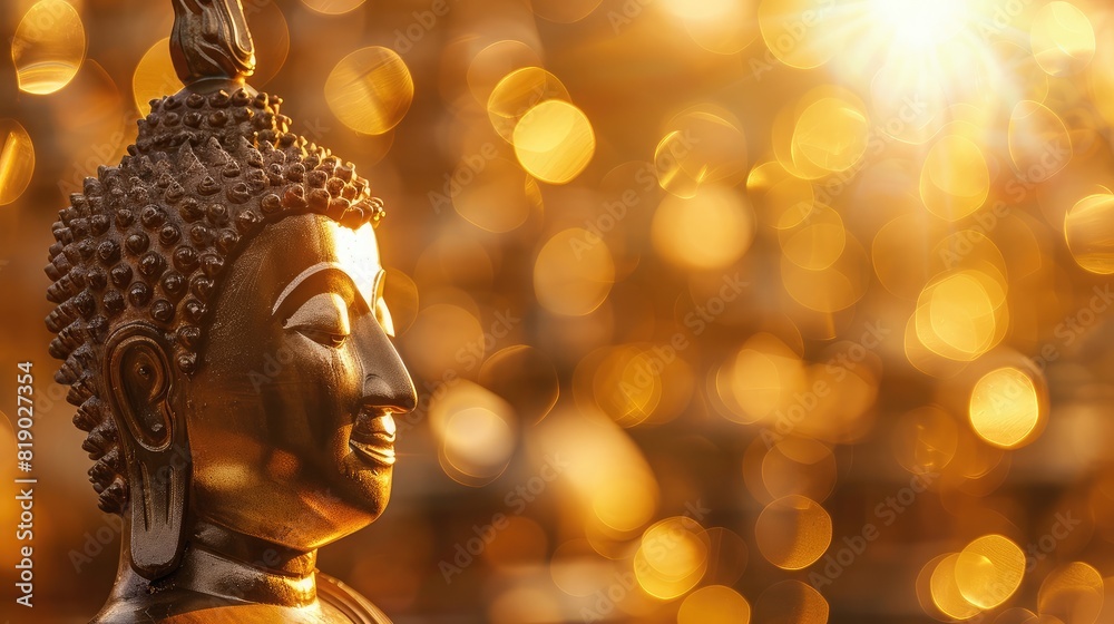 Radiant golden Buddha statue against a blurred bokeh background, symbolizing inner peace on Magha Bucha Day Radiant golden Buddha statue against a blurred bokeh background, symbolizing inner peace on Magha Bucha Day