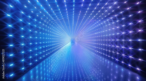 radiant blue LED light tunnel, with vibrant light beams and a sense of infinite depth