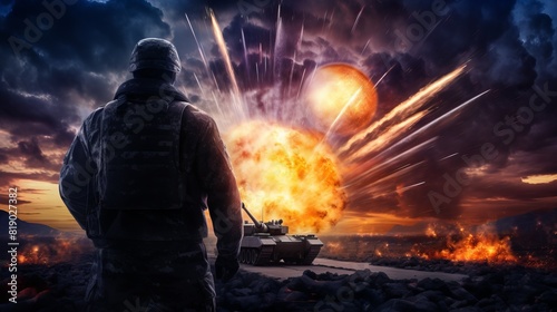 A military truck against the background of an explosion, moving along a dusty road. Concept: Military operations, equipment, combat operations, the power and strength of the army, transportation of eq