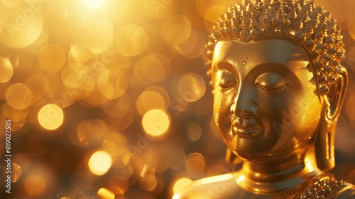 radiant golden Buddha statue set against a dreamy bokeh backdrop, celebrating Magha Bucha Day © buraratn