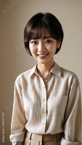 Photo Portrait of a Beautiful Asian Female in linen shirt