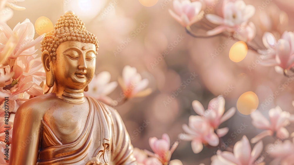 Radiant golden Buddha statue with a soft bokeh backdrop, surrounded by blossoming lotus flowers for Asalha Bucha Day