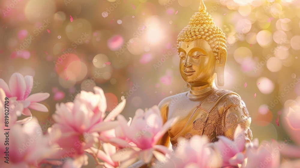 Radiant golden Buddha statue with a soft bokeh backdrop, surrounded by blossoming lotus flowers for Asalha Bucha Day