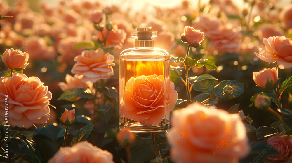 A glass perfume bottle with a rose inside, surrounded by blooming roses in a garden during sunset. A glass perfume bottle with a rose inside, surrounded by blooming roses in a garden during sunset.