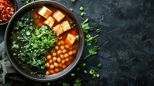 Miso Soup with Tofu, Seaweed, and Chickpeas - A flavorful miso soup with tofu, seaweed, green onions, and chickpeas, garnished with chili flakes, served in a rustic bowl on a dark textured background. photo