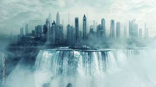 Contrast of nature and architecture: Niagara Falls overlaid with the skyscrapers of Dubai in a double exposure. photo