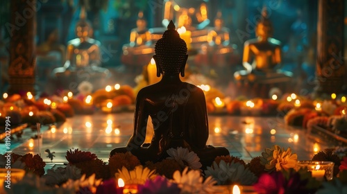 serene shadow of a Buddha statue against a temple background during Visakha Bucha Day celebrations, with devotees offering candles and flowers