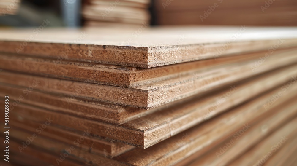 stack of MDF particle boards featuring a natural wood texture, ready for construction or furniture making