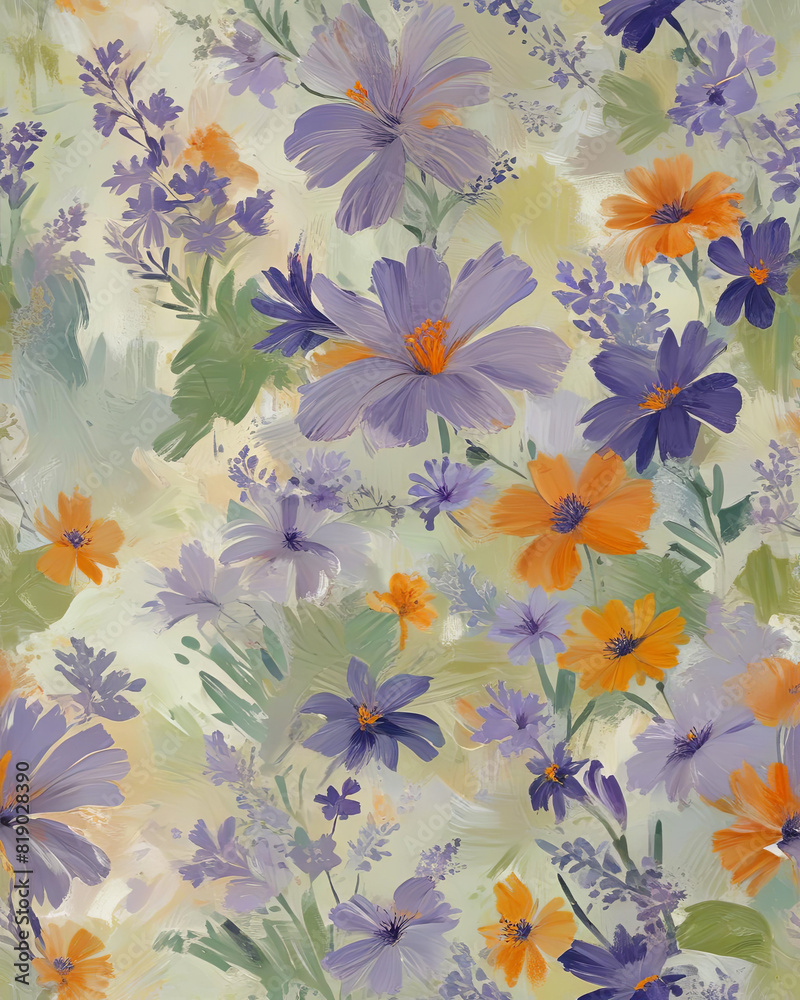 Abstract Floral Art with Orange and Lavender Flowers on Lime Background Gen AI