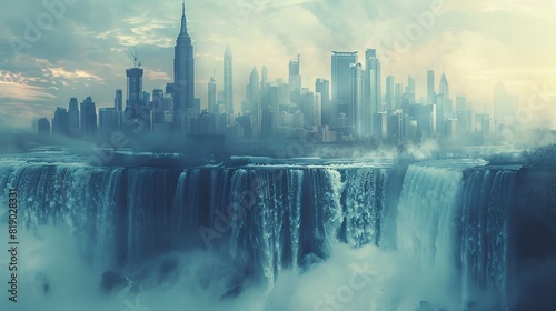 Contrast of nature and architecture: Niagara Falls overlaid with the skyscrapers of Dubai in a double exposure. photo