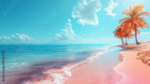Palm trees on tropical beach in pink and orange