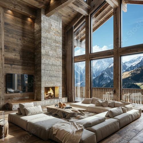 Luxurious living room with large windows  wooden walls  and mountain views.