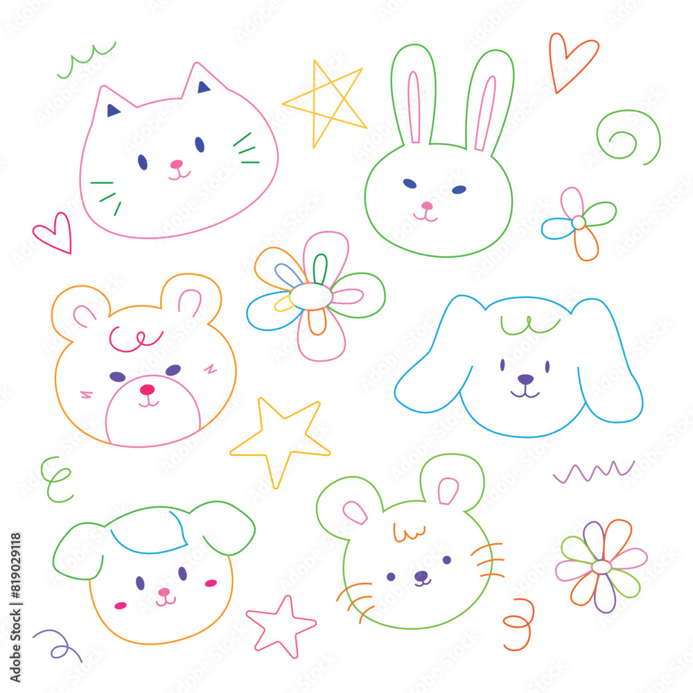Cute face animal hand drawn doodle for element illustration and kid. Rabbit, bear, rat, dog and cat Cute face animal hand drawn doodle for element illustration and kid. Rabbit, bear, rat, dog and cat