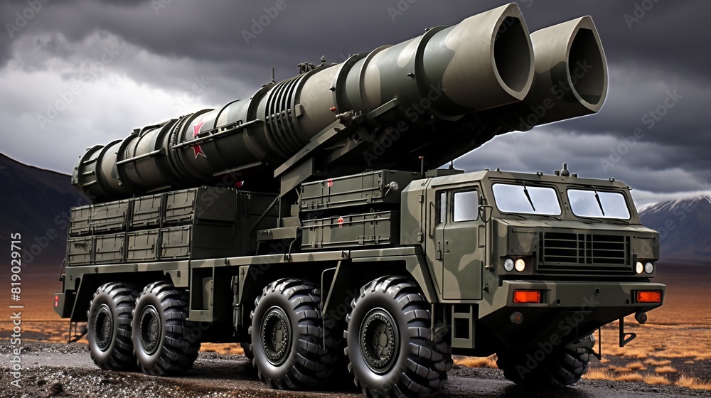 Naklejka premium Military launcher with a missile ready for transportation and launch. Concept: military technologies and conflicts of countries