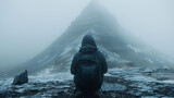 A person in a hooded jacket with a backpack kneeling on a rocky terrain, facing a foggy, pyramid-shaped mountain.