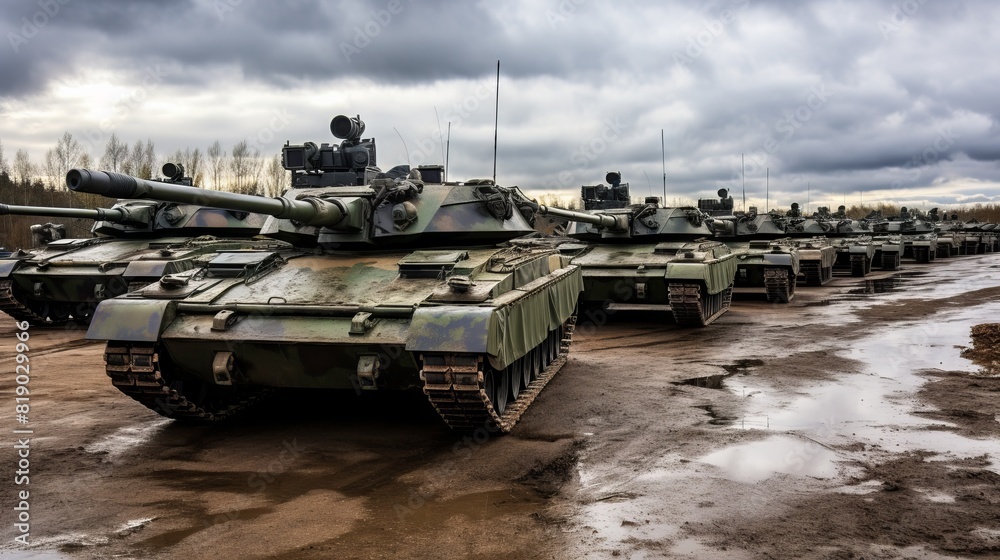 Military equipment, tanks close-up. Concept: war and armed conflicts, illustration of the actions of soldiers and tank crews