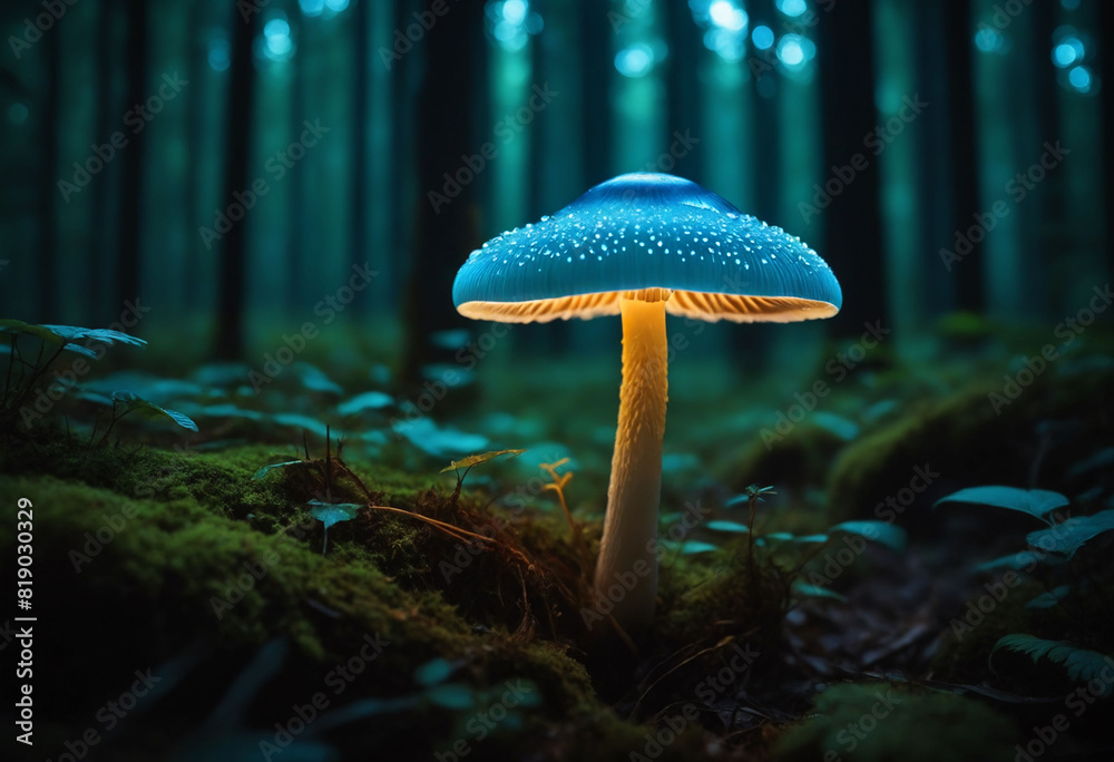 Fototapeta premium Explore the enchanting world of nature with a vibrant glowing bioluminescent mushroom that emits light and standing tall in a dense dark forest