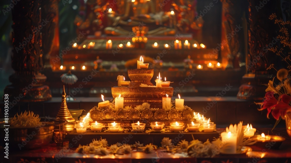 The soft light of candles illuminating a temple altar, surrounded by offerings for Asalha Bucha Day The soft light of candles illuminating a temple altar, surrounded by offerings for Asalha Bucha Day