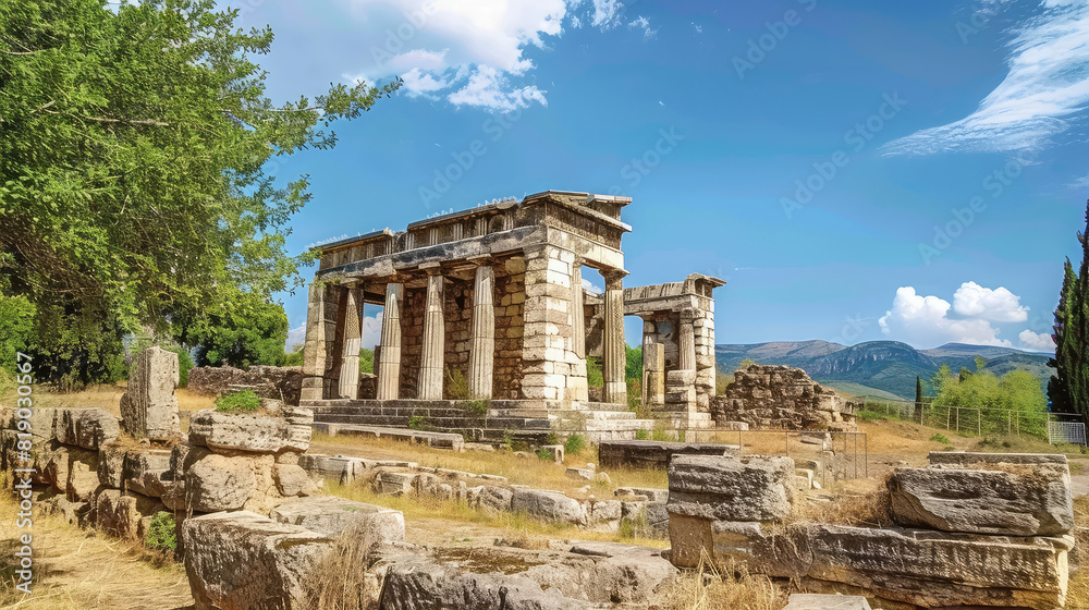 Ancient Greek temple in ruins, surrounded by a landscape of old structures and overgrown vegetation Ancient Greek temple in ruins, surrounded by a landscape of old structures and overgrown vegetation