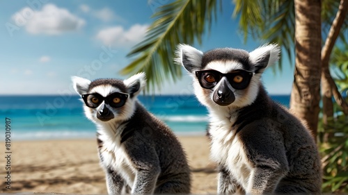 Curious lemurs explore tropical beach setting under bright sun © Zyariss