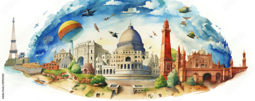 The image shows a beautiful illustration of various famous landmarks around the world